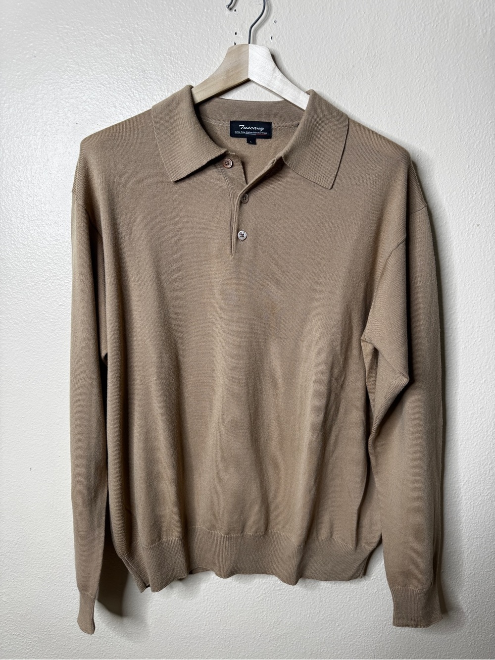 Tuscany Mens Large Tan 100% Italian Merino Wool Long Sleeve Polo Sweater Collare